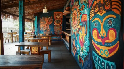 Vibrant Mural and Rustic Tables in a Tropical Restaurant