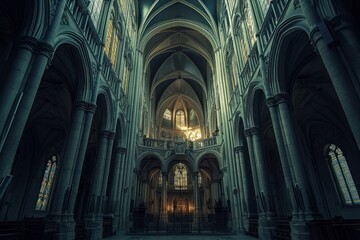 Fototapeta premium Tranquil ambiance inside a grand gothic cathedral with ornate architecture, illuminated by evening light