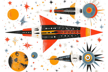 Obraz premium A visionary illustration representing the expansion of humanity to Mars, the Moon, and the solar system, featuring futuristic spacecraft, planets, and exploration symbols