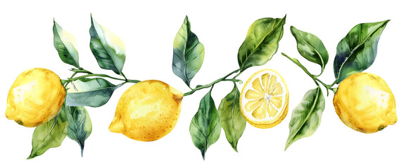 Set of Lemon Branches with fruits and leaves. Isolated hand drawn watercolor illustration. Tropical citrus fruit. Design for menu, package, cosmetic, textile, cards