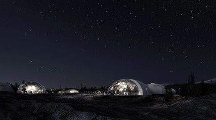 Naklejka premium Illuminated geodesic domes under a starry night sky, nestled in a rocky landscape.