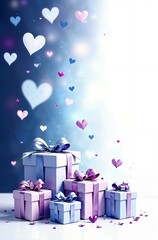 Vertical frame with gift boxes of different sizes, on a white table, on a white lilac purple background of hearts, with space for text on the right, banner, postcard.