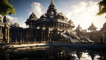 Fototapeta premium A grand temple with elaborate details stands under a golden sunset. The architectural design reflects in the still water below, highlighting the intricate carvings and monumental stairs leading up to