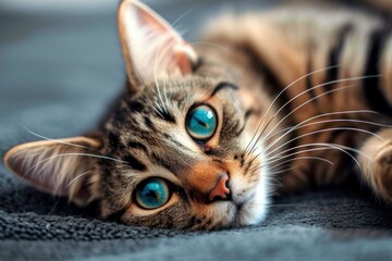Closeup of a relaxed tabby cat with vivid blue eyes gazing softly while lying on a grey fabric