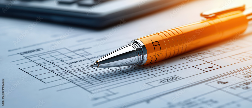 Poster close up of orange pen resting on blueprint with calculations, symbolizing planning and precision