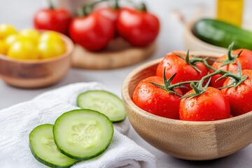 Tomato spa masks rejuvenate skin. Fresh tomatoes and cucumbers on a kitchen countertop.