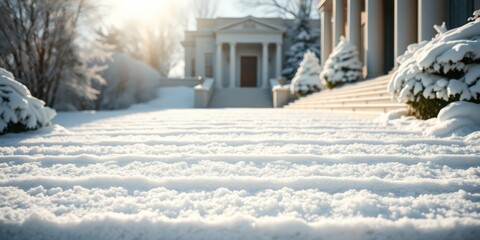 A sunlit winter scene featuring a snow-covered walkway leading to a grand estate