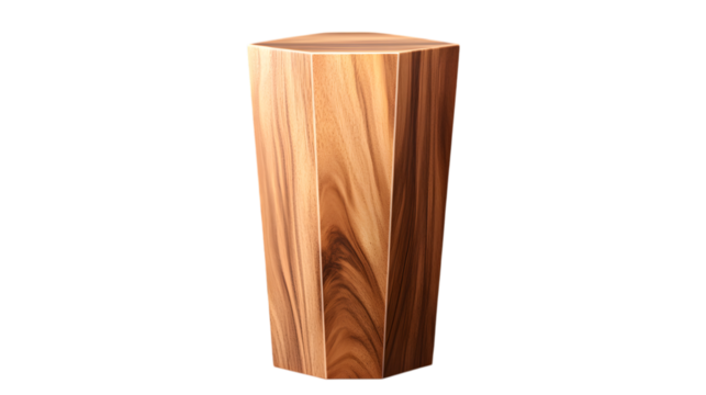 Polished wooden angular pedestal with clean lines and natural wood tones, perfect for modern interiors. Isolated on transparent background