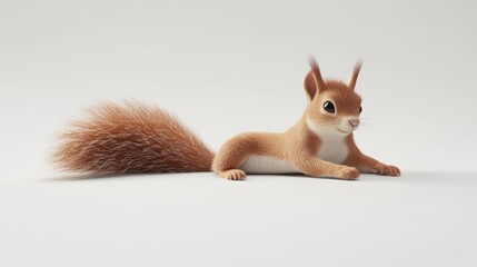 Adorable red squirrel lying down on white background.