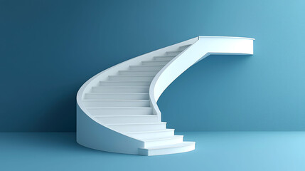 White spiral staircase against a blue wall.