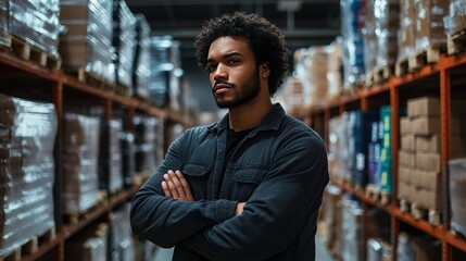 A man stands with his arms crossed against the background of a fully stocked warehouse.