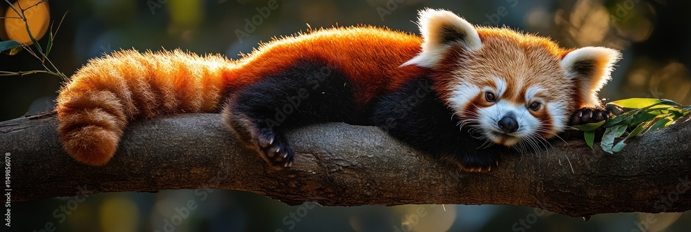 Poster red panda resting on a tree branch in a forest.
