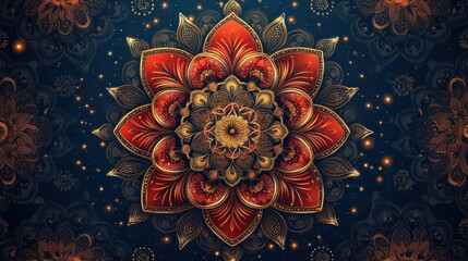 Ornate red and gold mandala, cosmic background.