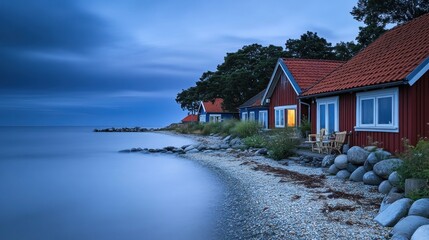 Cozy red cottages on a tranquil beach at twilight.