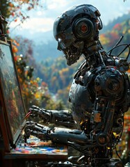Fototapeta premium A futuristic humanoid robot is seen painting an artistic landscape in a vibrant natural environment. The juxtaposition of advanced robotics and artistic creativity creates a thought-provoking scene