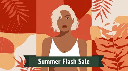 Summer flash sale featuring a stylish woman against a vibrant background