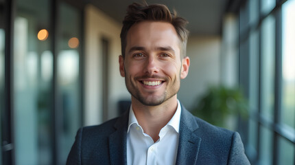 Fototapeta premium portrait of successful businessman consultant looking at camera and smiling inside modern office building