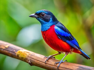 Fototapeta premium Vibrant Blue Red Black Bird Exotic Wildlife Nature Photography, Bird on Branch, Colorful Avian, Tropical Bird