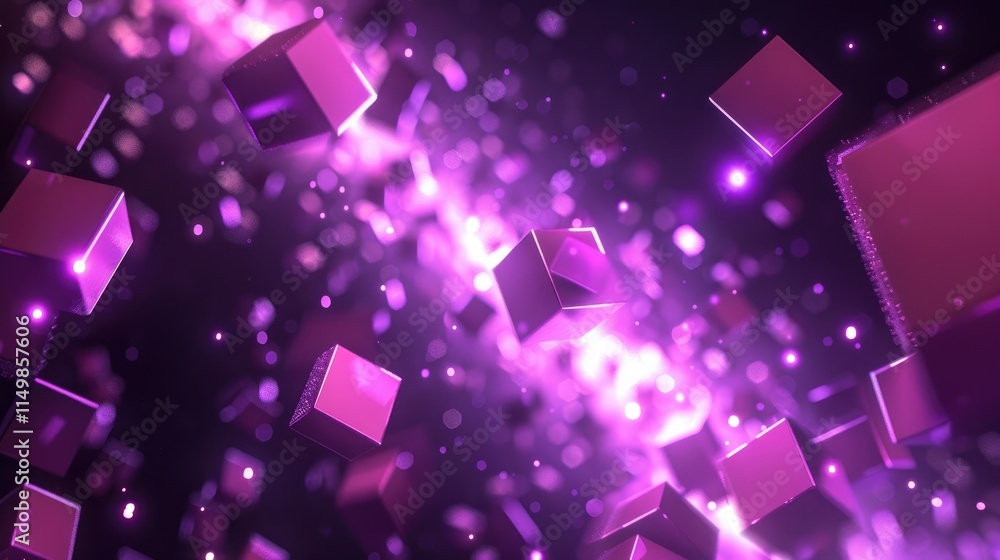 Aufkleber abstract composition of floating purple cubes with sparkling effects in a dark background.
