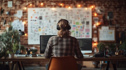 Programmer working at desk with large monitor, headphones, and mood board.