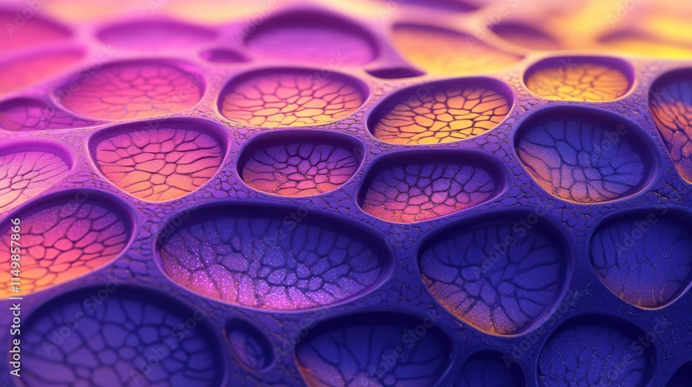 Poster abstract purple and orange cellular structure: close-up view of a 3d rendered organic texture