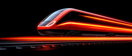 sleek, futuristic train in motion, showcasing vibrant red lights against dark background, symbolizes speed and innovation