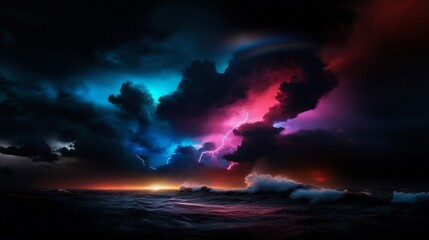 Naklejka premium Dramatic Ocean Storm at Night with Vibrant Lightning