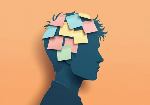 Silhouette of a man with colorful sticky notes on his head