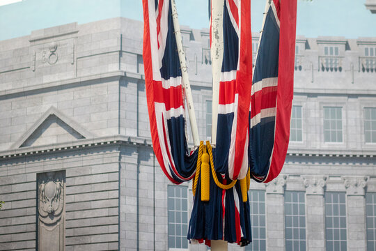 Britsh flags furled up in London