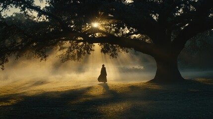 Obraz premium Silhouetted woman in long coat walks towards sun rays under large oak tree in misty field at dawn.