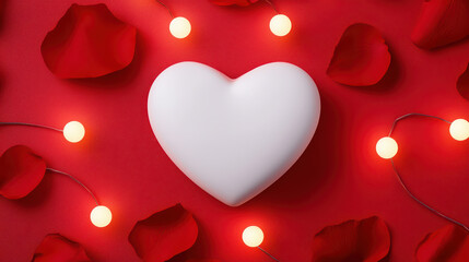 heart shaped object surrounded by rose petals and glowing lights creates romantic atmosphere