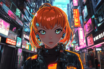 Cyberpunk Anime Girl in Neon Cityscape Stunning Digital Art