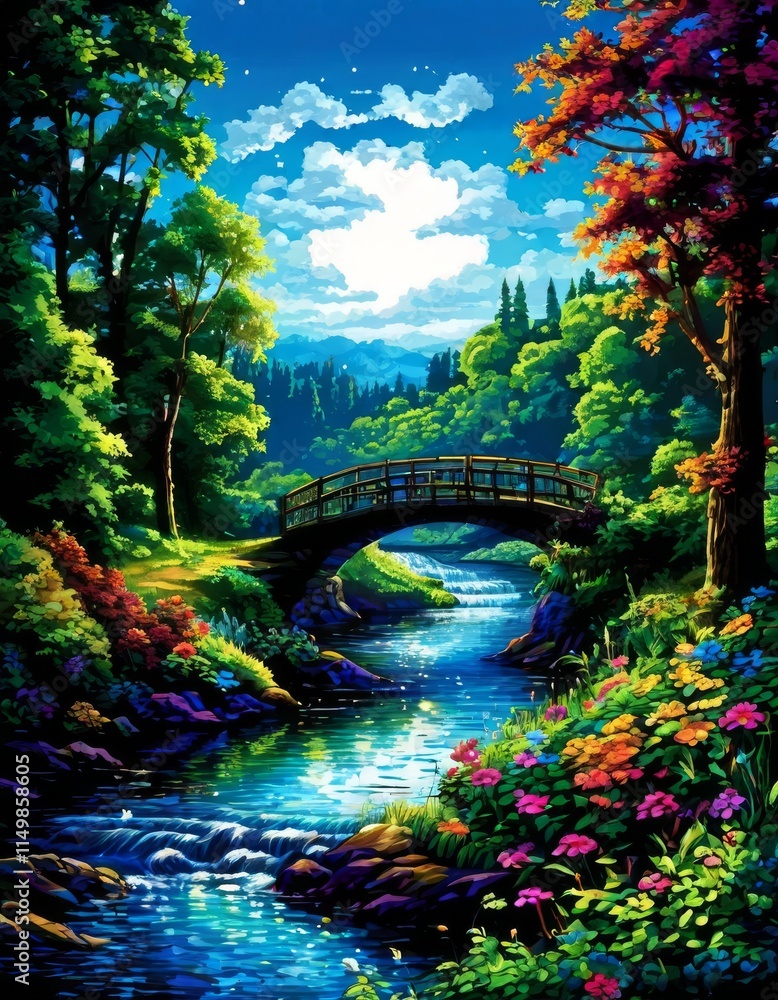 Poster a tranquil forest scene featuring a flowing stream beneath a rustic wooden bridge. surrounded by lus