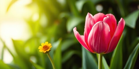 Naklejka premium A single pink tulip in bloom, bathed in sunlight, with a small yellow flower in the soft-focus background.