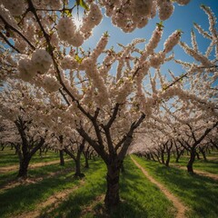 Fototapeta premium An orchard of cherry trees in full bloom with ripe cherries hanging.