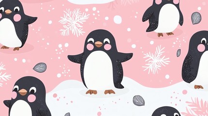 Fototapeta premium Seamless pattern with cute penguins on a pink background with snowflakes and snowdrifts.
