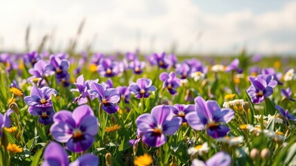 Fototapeta premium A sunlit meadow abundant with vibrant purple pansies, interspersed with cheerful yellow and white wildflowers