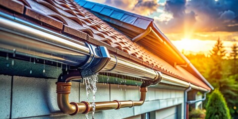 Close-Up Rain Gutter & Downspout: House Roof Drainage System Detail