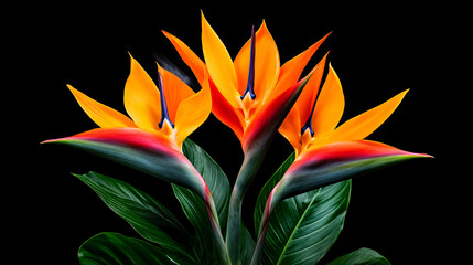 Exotic bird of paradise flowers in vibrant orange and yellow hues, showcasing their unique shape and striking colors against black background, create stunning visual impact