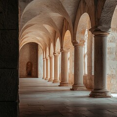 showcasing the majestic columns of Klis Church, highlighting the elegance of the interior design, with soft light illuminating the beautiful stone walls