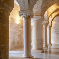 showcasing the majestic columns of Klis Church, highlighting the elegance of the interior design, with soft light illuminating the beautiful stone walls