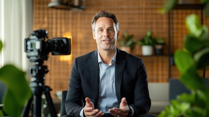 Professional man speaking in front of a camera with green plants in the background.