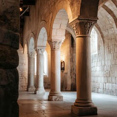 showcasing the majestic columns of Klis Church, highlighting the elegance of the interior design, with soft light illuminating the beautiful stone walls