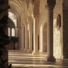 showcasing the majestic columns of Klis Church, highlighting the elegance of the interior design, with soft light illuminating the beautiful stone walls