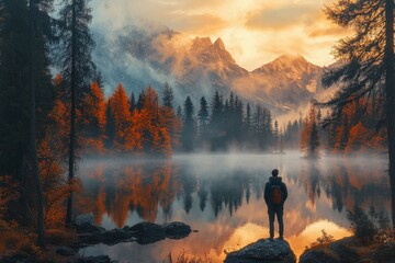 Autumn reflection at a serene lake surrounded by vibrant orange trees