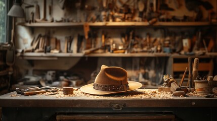 A brown fedora hat sits on a workbench in a cluttered woodworking workshop.
