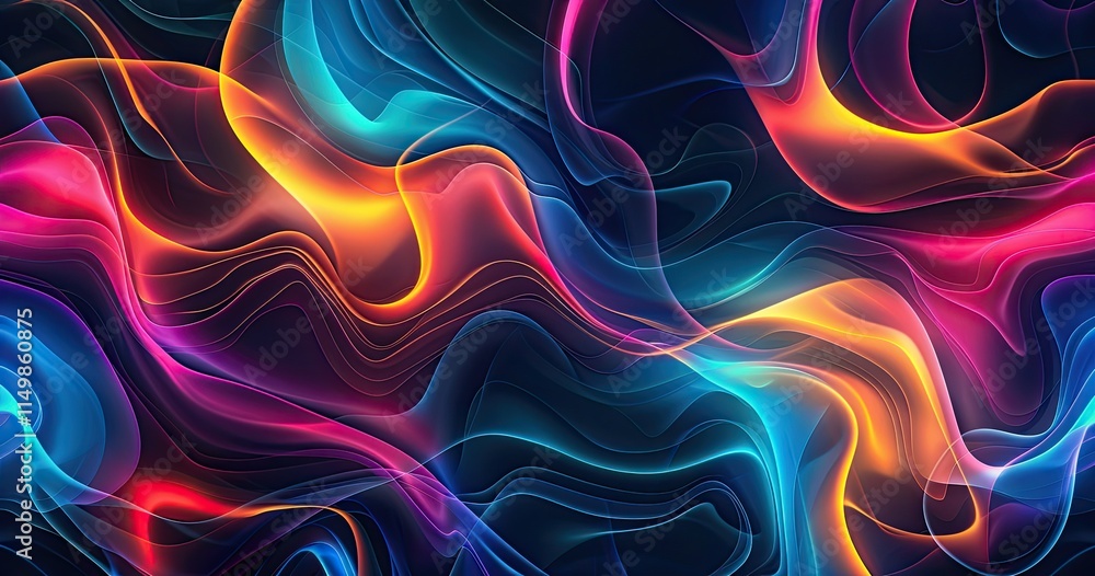 Poster abstract colorful waves with vibrant hues and flowing patterns on a dark background.
