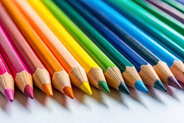 Fototapeta premium Vibrant Colored Pencils Arranged on White Background - Stock Photo