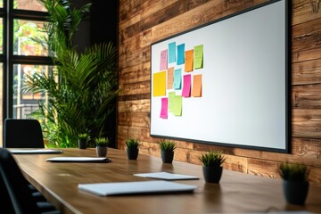 Fototapeta premium Modern meeting room with a whiteboard and colorful sticky notes on a wooden wall.