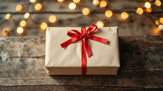 A rustic brown gift box with a vibrant red ribbon, illuminated by warm string lights, rests on a wooden surface.